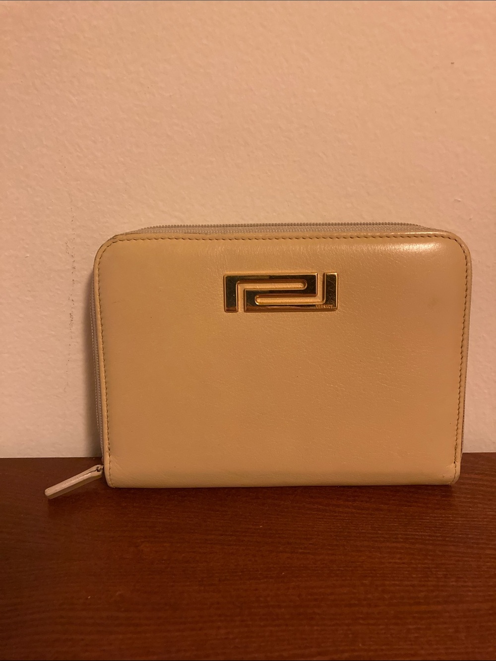 Versace Cream Leather Zip Wallet with Gold Logo